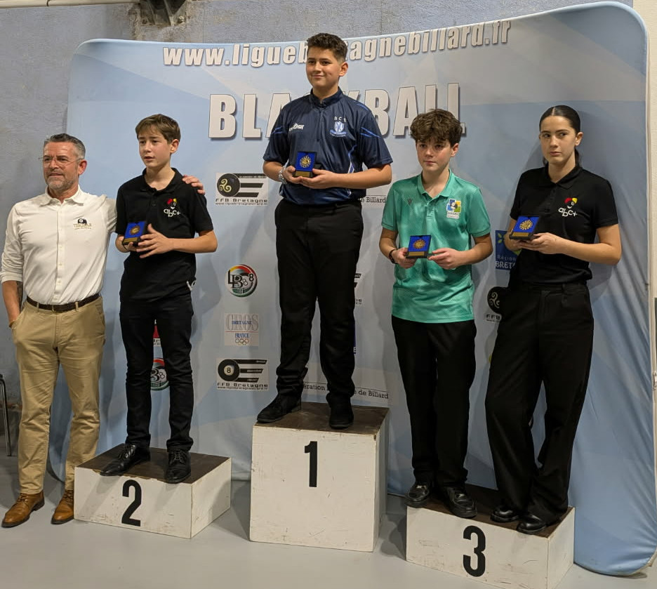 Podium U15, de gauche à droite, Ludovic Grall (représentant le club de Guidel), Konwall Peltier, Alban Seyeux, Yael Perron, Maïdi Hochet