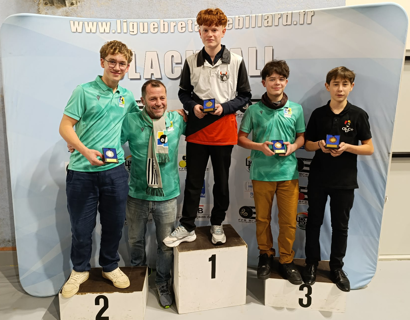 Podium U18, de gauche à droite, Pierre Meillour, Emmanuel Yann (président du club de Guidel), Yvann Hoareau, Gaëtan Yann, konwall Peltier