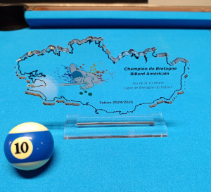 Une bille n°10 posée sur une table US devant le trophée du champion à venir